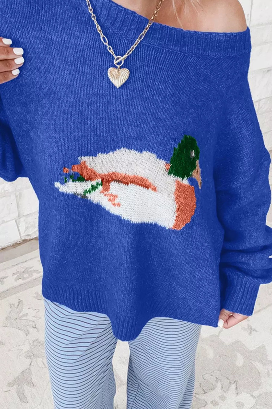 Royal Blue with Duck Graphic Drop Shoulder Sweater in Royal Blue