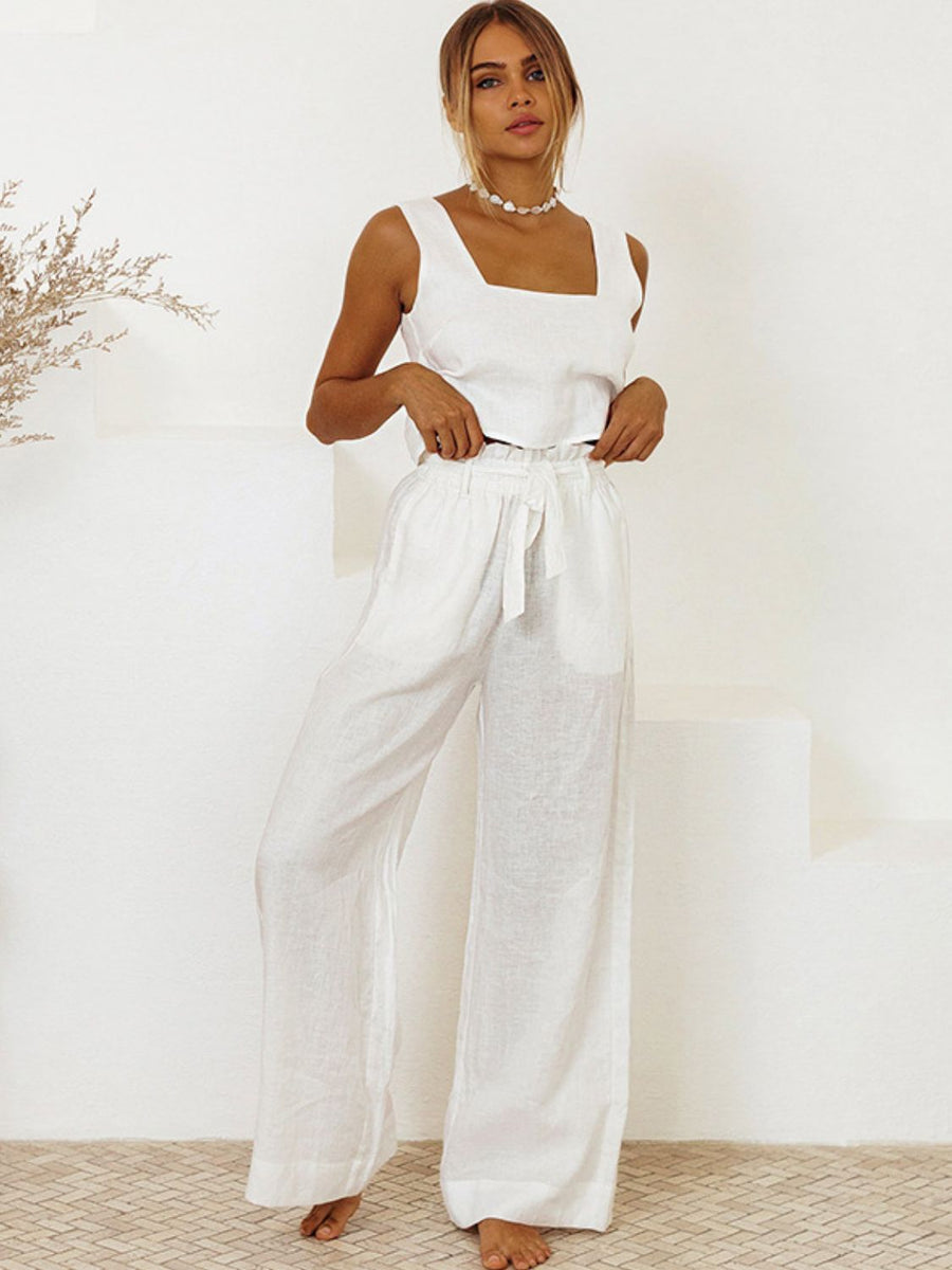 White linen square neck crop top and wide leg pants set with tie waist