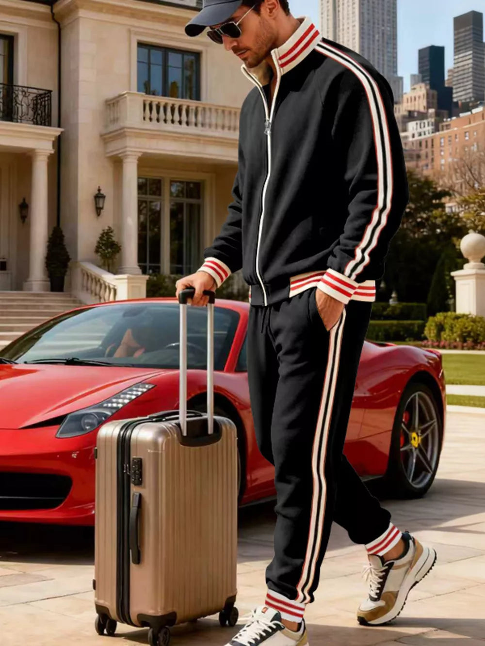 Black tracksuit with red and white side stripes and collar detail