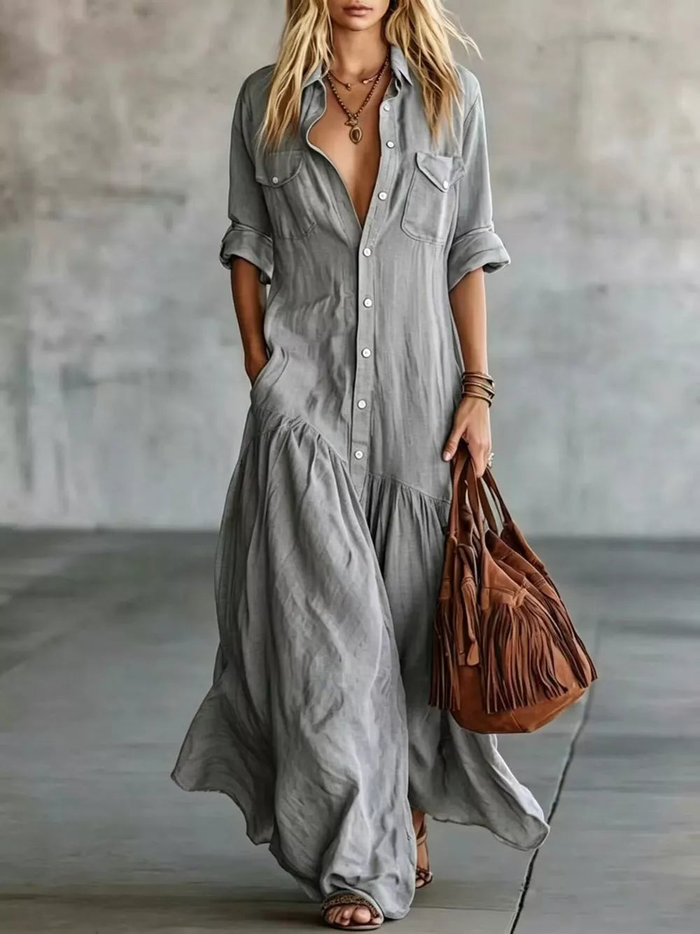 Black Button Front Roll-up Sleeve Maxi Dress Plus Size