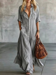Black Button Front Roll-up Sleeve Maxi Dress Plus Size