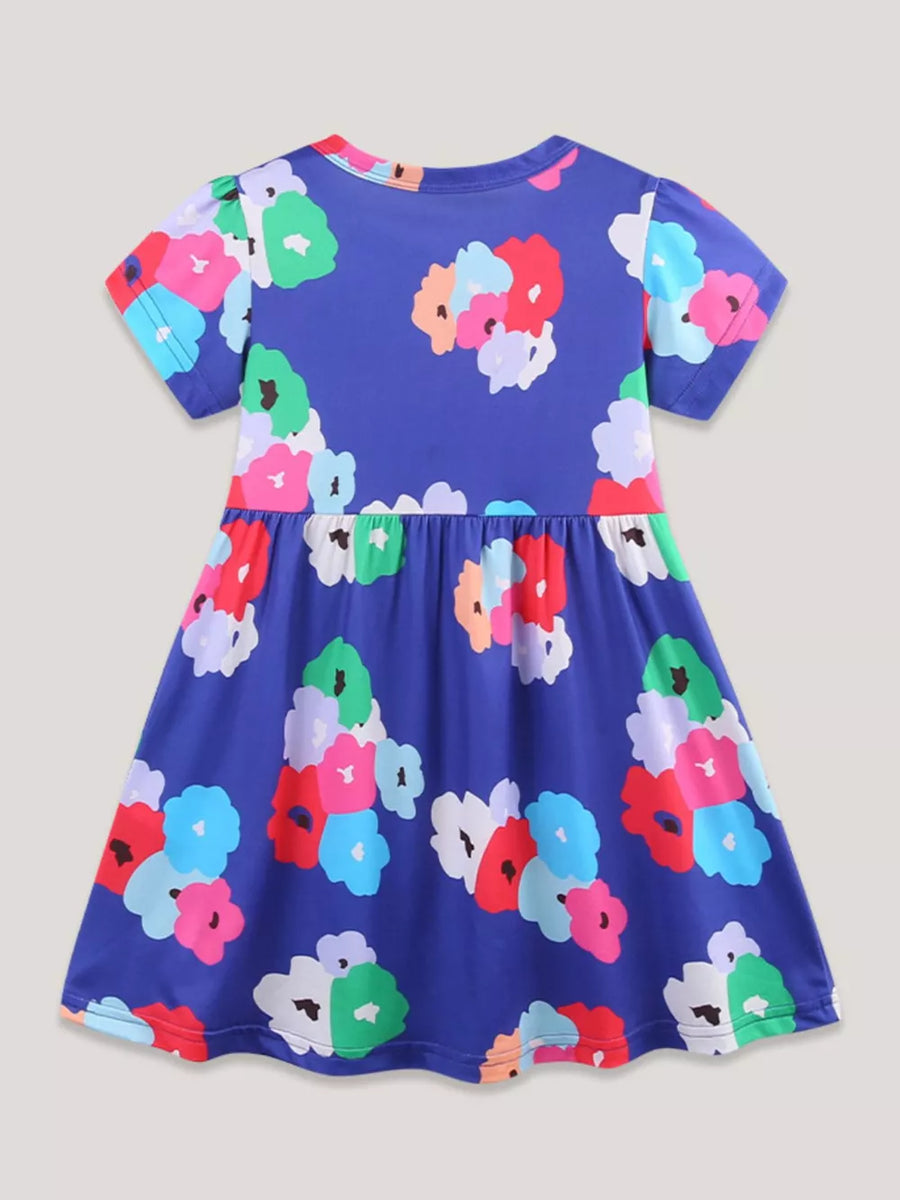 Toddler A-line dress in blue with a colorful floral print, short sleeves, and gathered waist.