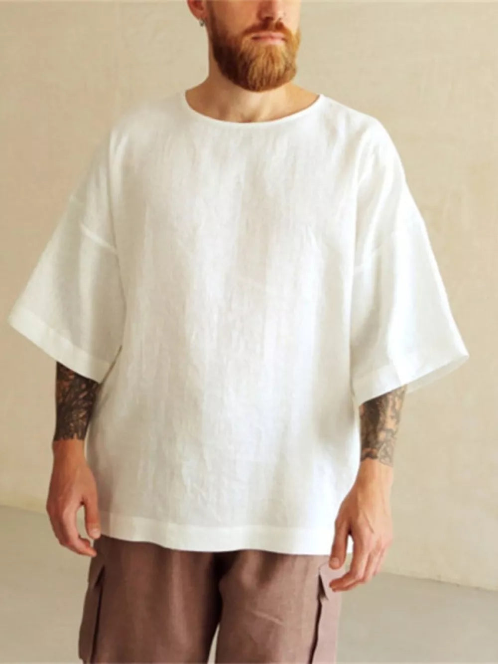 White Men's Loose Fit Round Neck T-shirt Plus Size