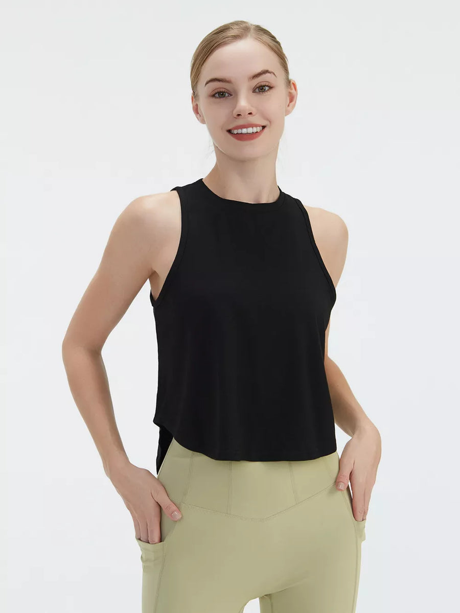 Black sleeveless tank top with high neckline and relaxed fit.