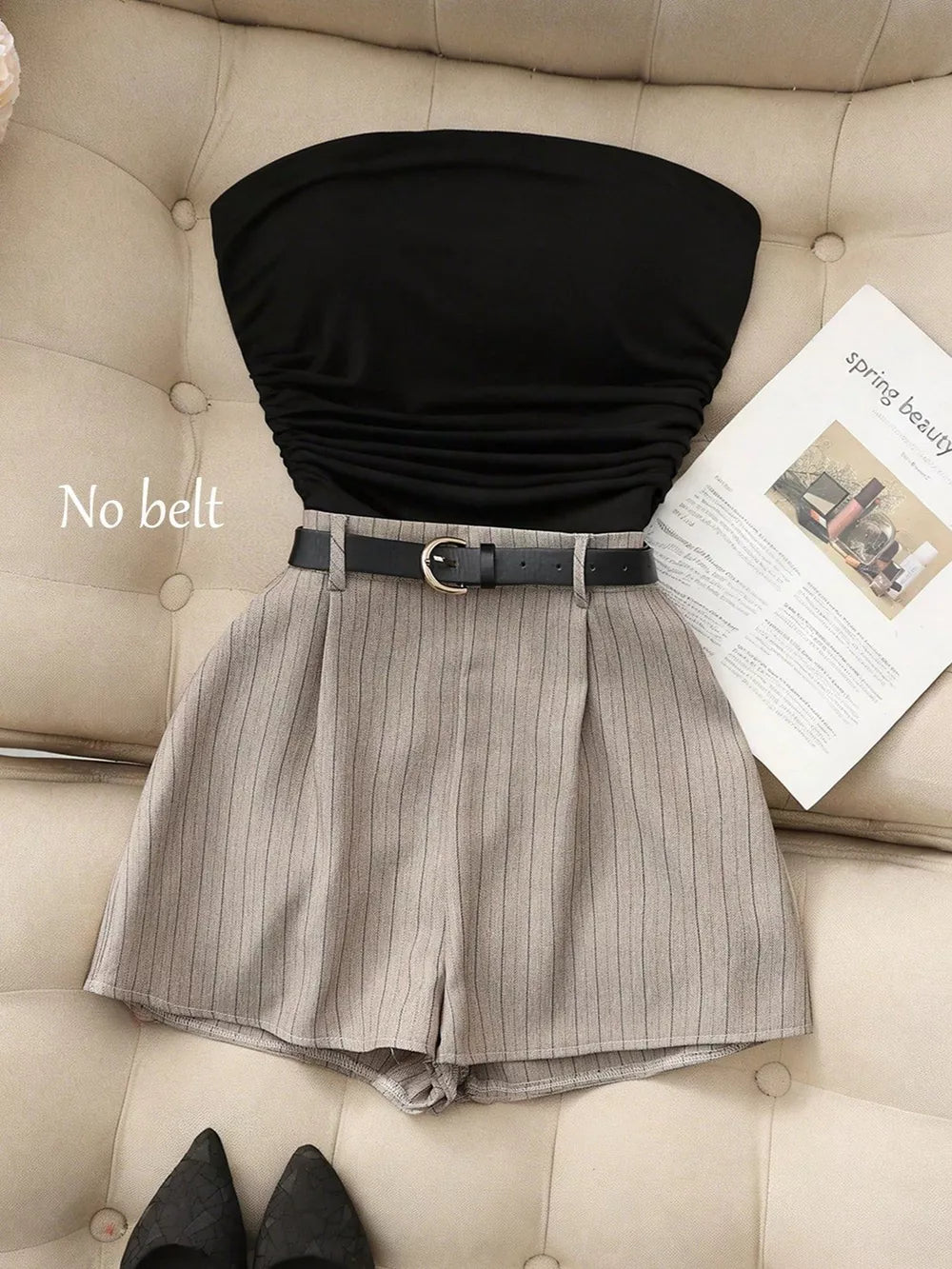 Black Strapless Ruched Top And Shorts Set