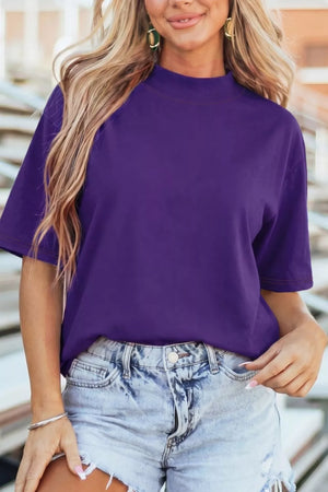 Purple cotton t-shirt with mock neck and contrast stitching on sleeves and hem.