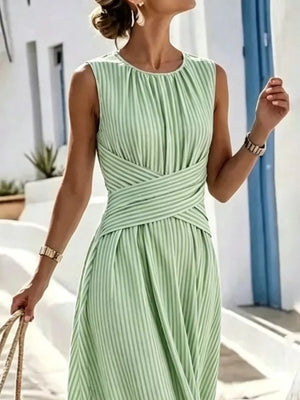 Full Size Striped Sleeveless Maxi Dress in Light Green