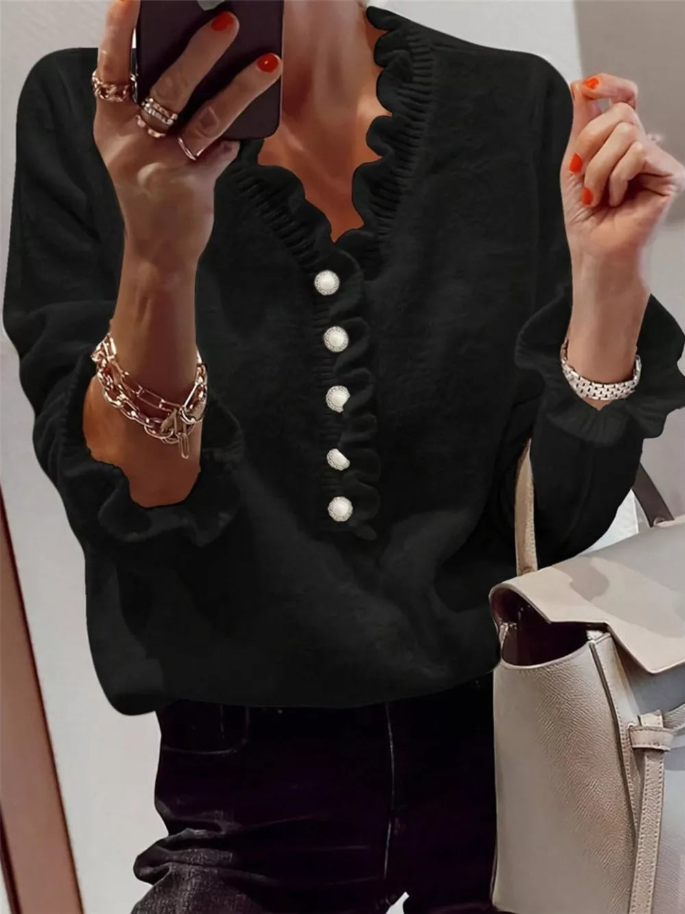 Black Ruffled Pearl Button Sweater