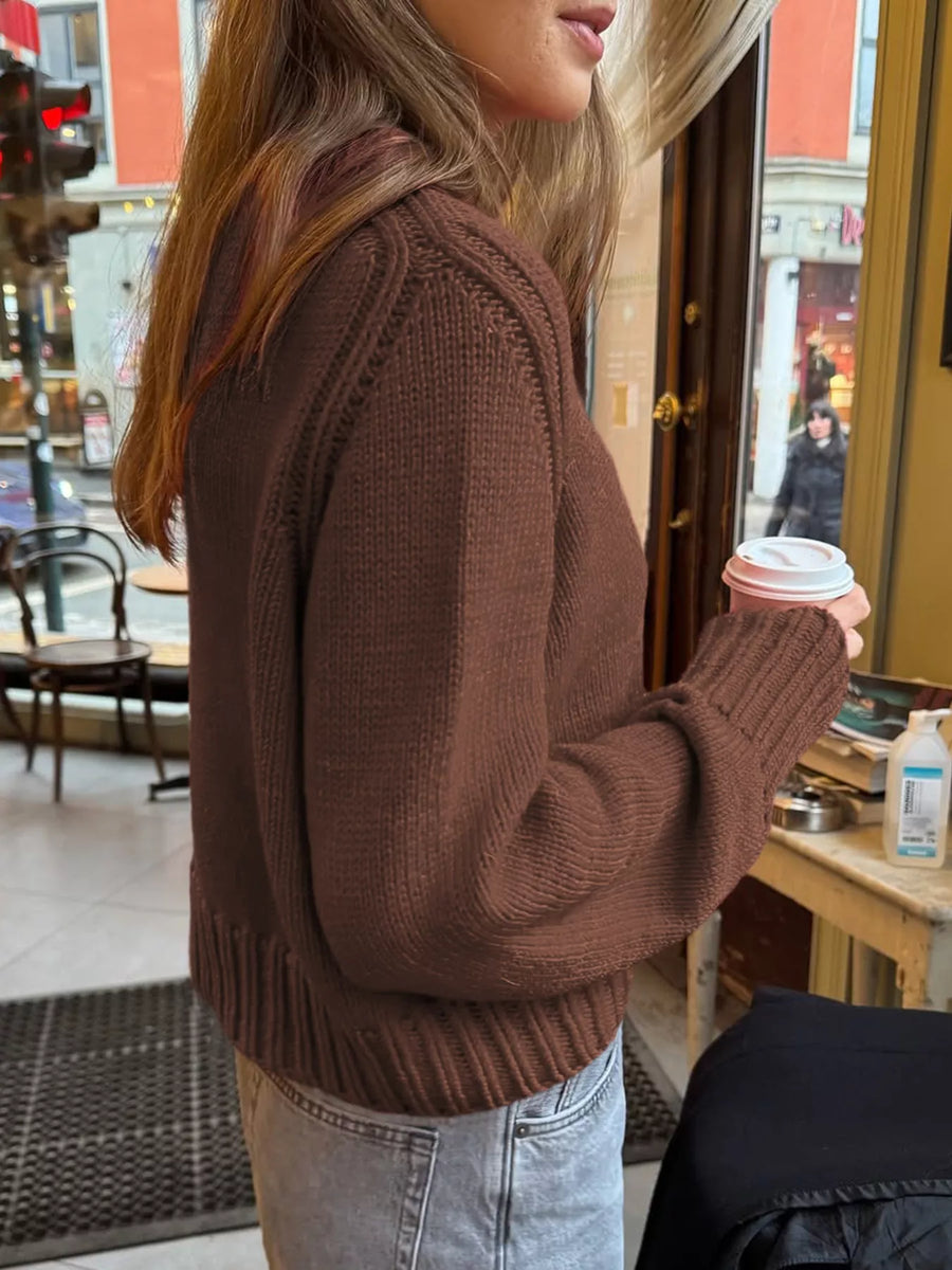 Brown ribbed round-neck knit sweater with cuffed sleeves and hem
