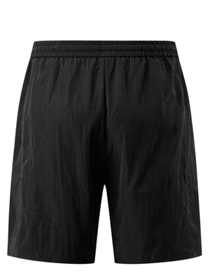 Men's black relaxed fit cargo shorts with elastic waist and side cargo pocket detail.