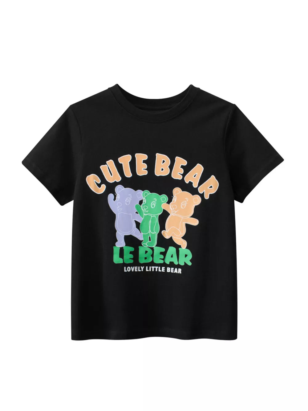 Black t-shirt with colorful cartoon bears and text graphic, short sleeves, crew neck.