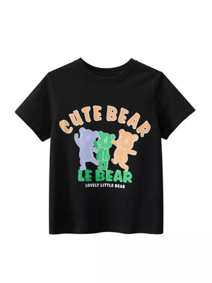 Black t-shirt with colorful cartoon bears and text graphic, short sleeves, crew neck.