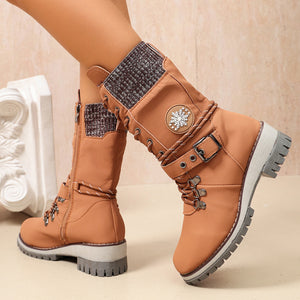 Fabric Round Toe Lace Up Boots in Red
