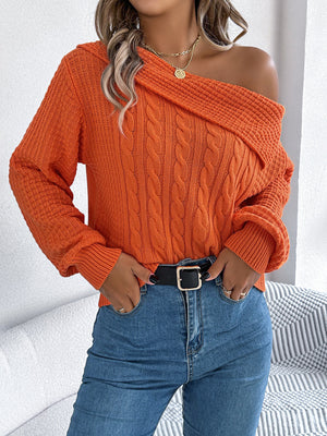 pullover sweater in Camel with one-shoulder and long sleeve