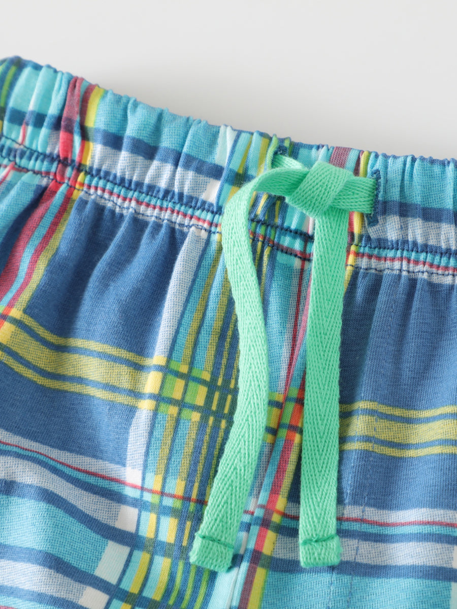 Toddler blue plaid cotton shorts with green drawstring detail