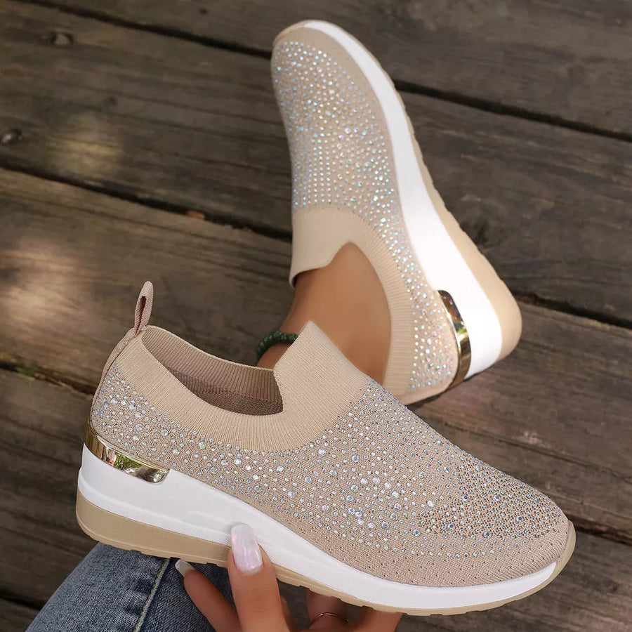 white sneakers featuring rhinestone embellishment and rhinestone-embellished