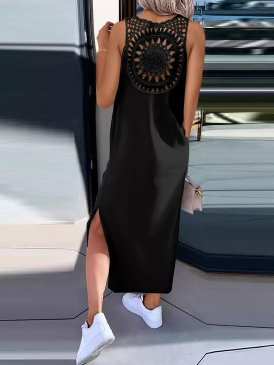 Army Green straight maxi dress with round neck