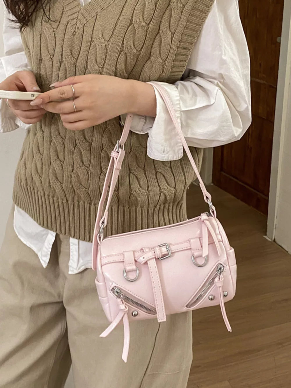 Pink Adjustable Strap Leather Shoulder Bag