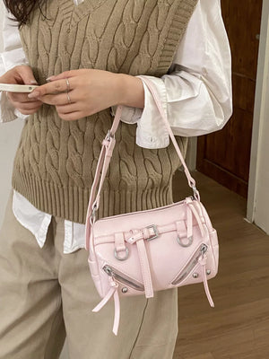 Pink Adjustable Strap Leather Shoulder Bag