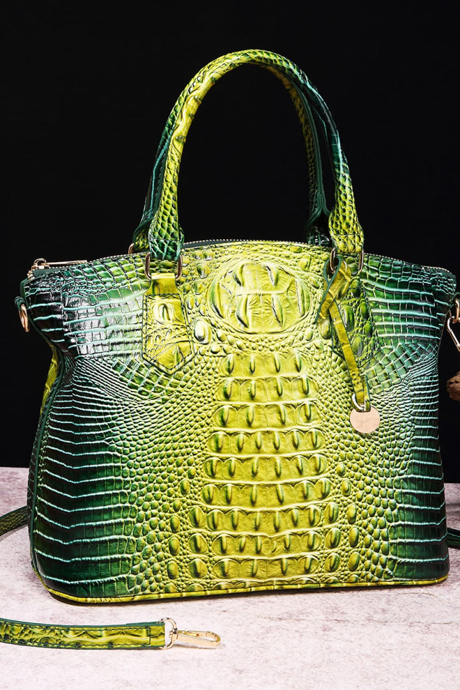 Exotic Crocodile Satchel bag in Yellow/Green gradient textured leather with top handles and a detachable strap.