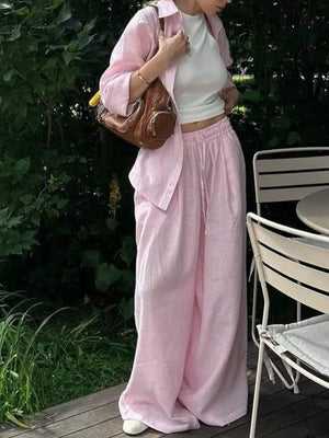 Apricot with Button Up Shirt And Drawstring Pants Set in Apricot