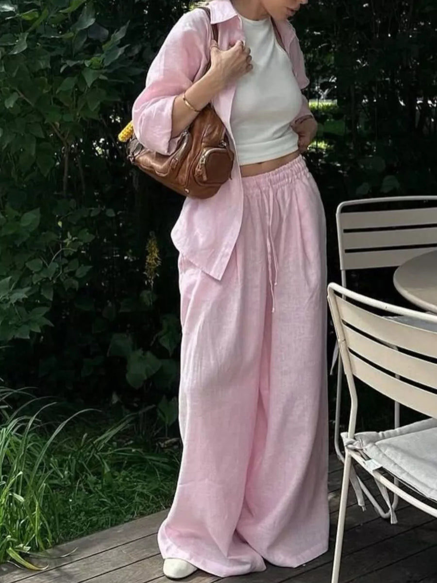 Apricot with Button Up Shirt And Drawstring Pants Set in Apricot