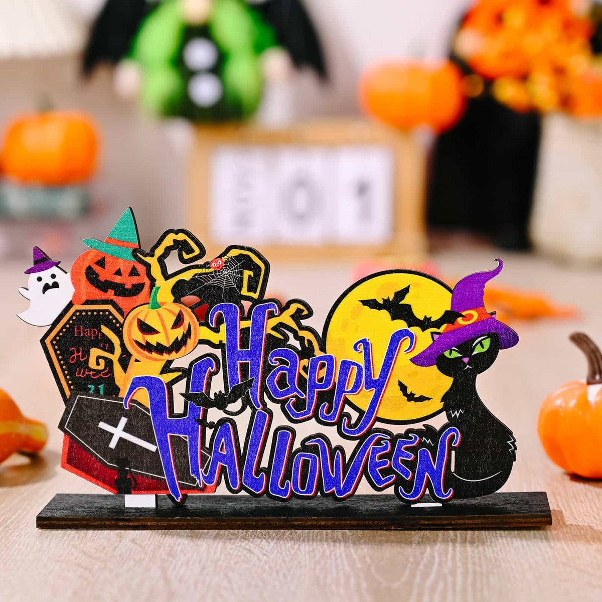 Spooky Scene Halloween tabletop duo with black cat, pumpkins, ghost, and bats.