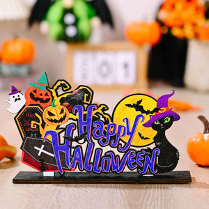 Spooky Scene Halloween tabletop duo with black cat, pumpkins, ghost, and bats.