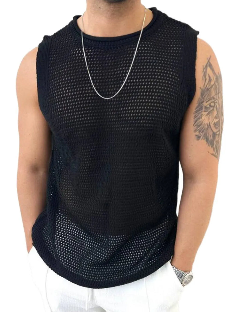 Black open-knit sleeveless crewneck tank top with a sheer mesh design.