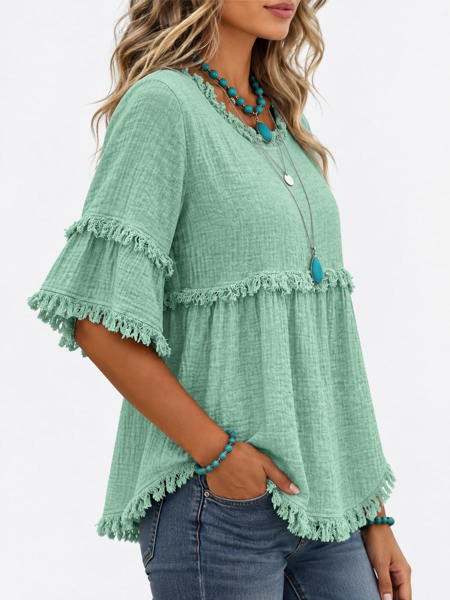 Emerald Green blouse with raw hem and short sleeve
