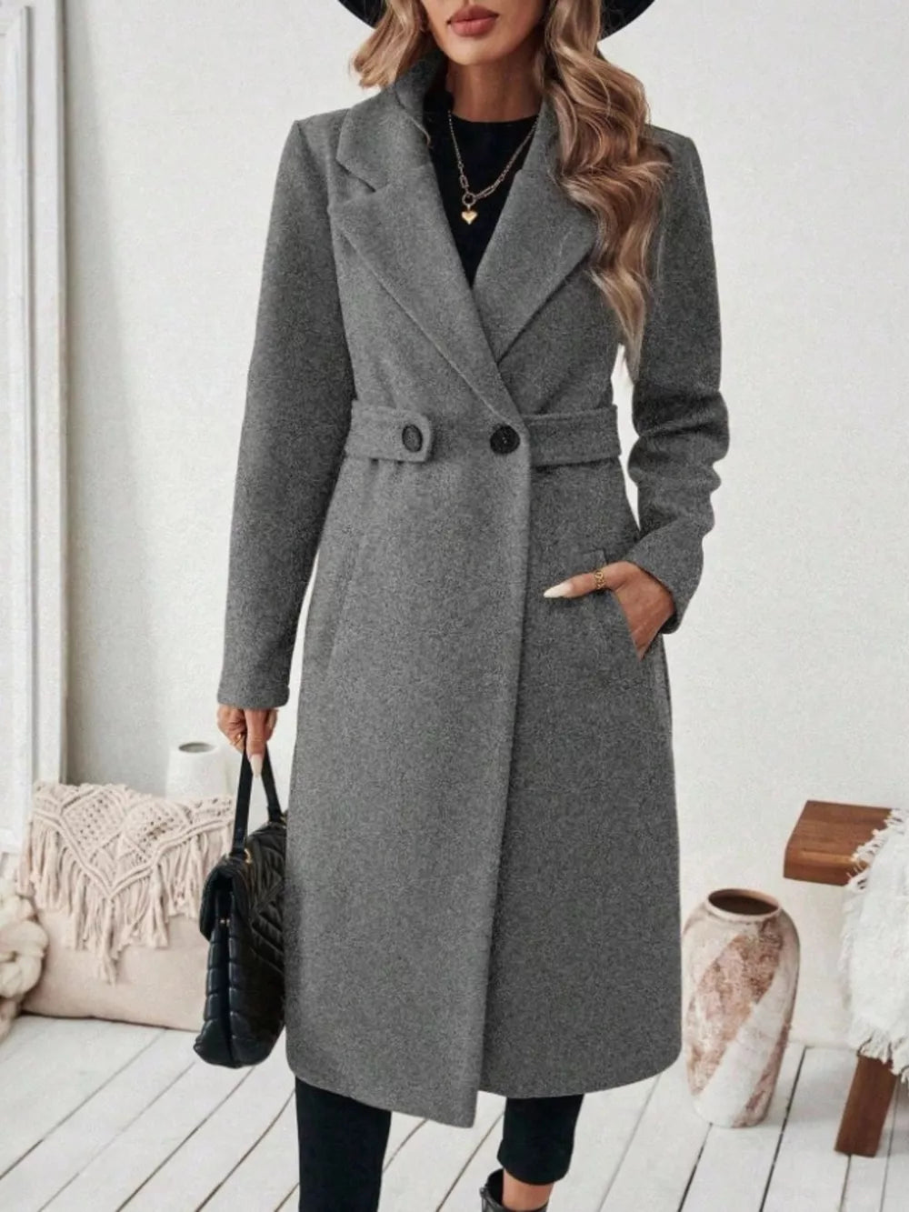 Elegant Lapel Collar Belted Trench Coat Plus Size in Gray