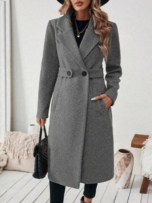 Elegant Lapel Collar Belted Trench Coat Plus Size in Gray