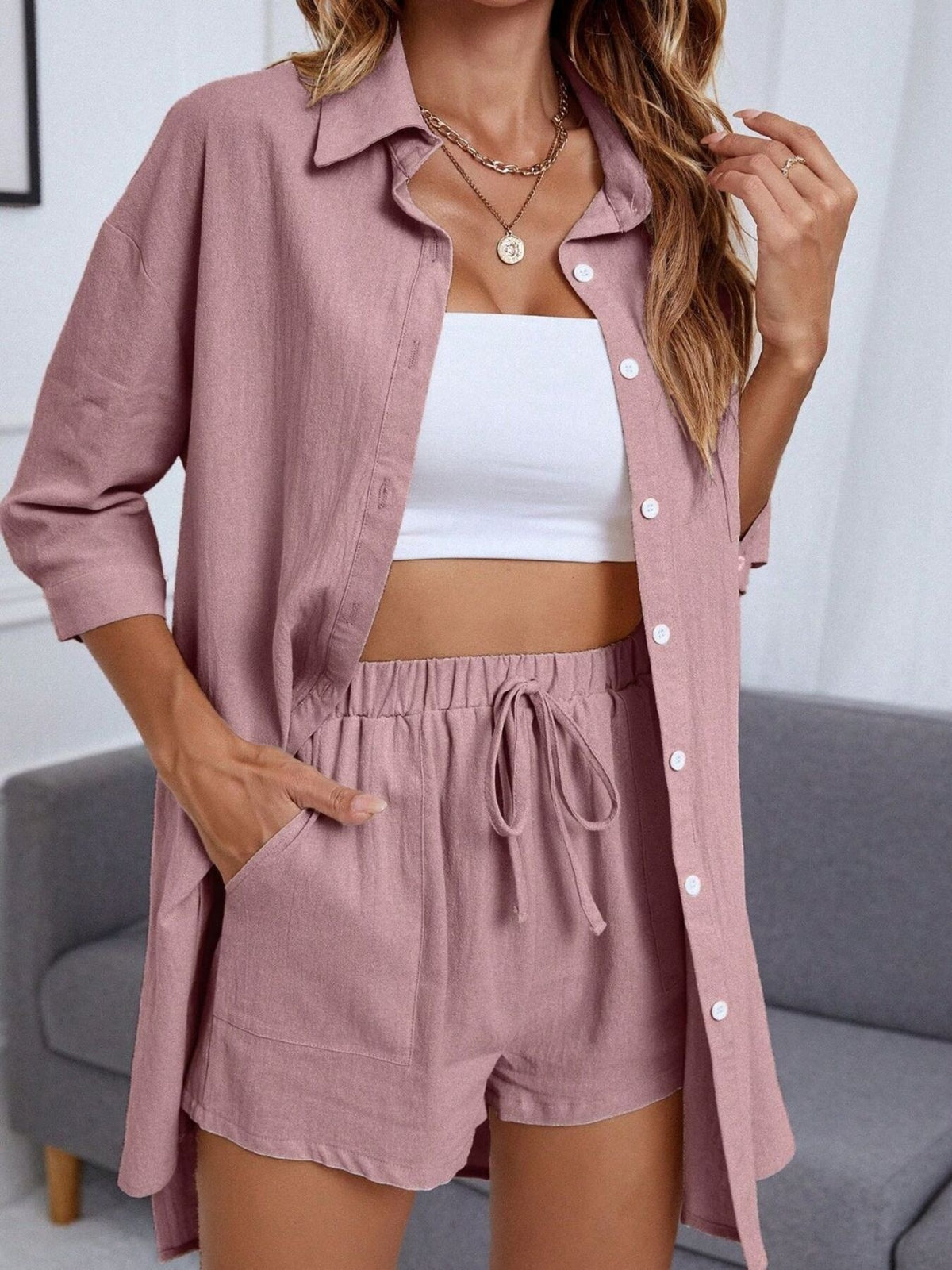 Pink linen button-up shirt and drawstring shorts set with pockets