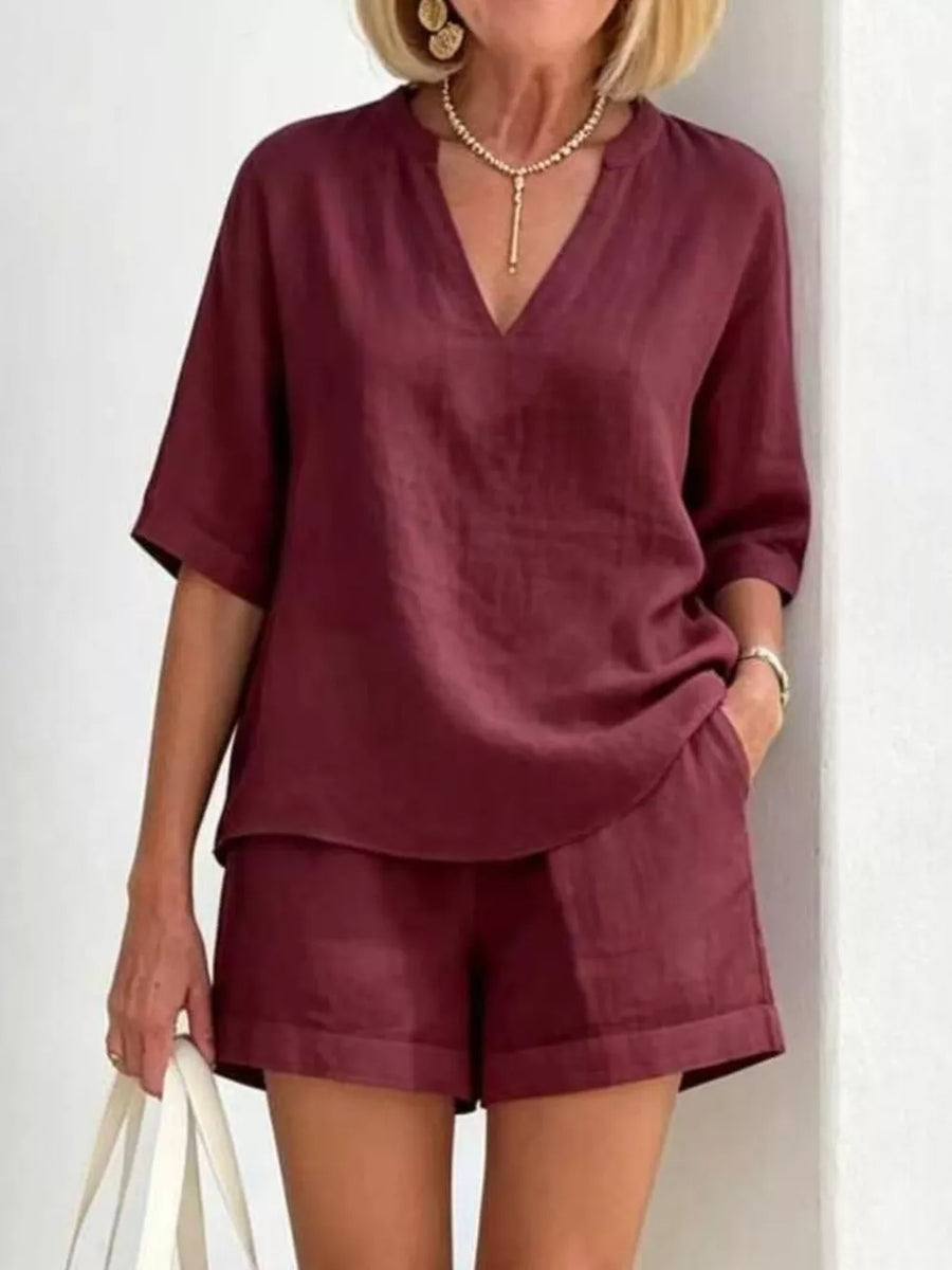 Khaki Full Size Half Sleeve Top And Shorts Set
