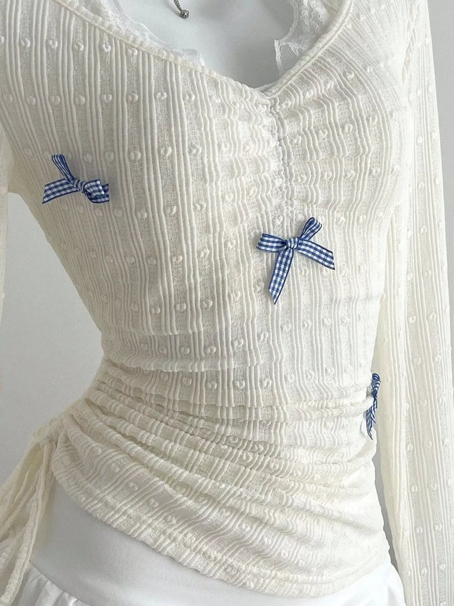Bow Lace Detail V-neck T-shirt option 6