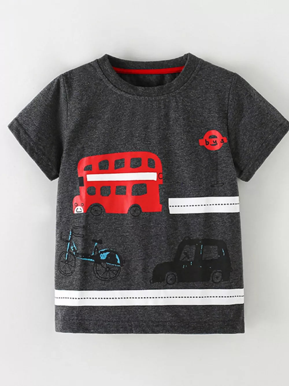 Kids' charcoal cotton t-shirt with red double-decker bus, car, and bicycle graphic.