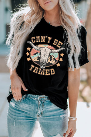Black graphic tee with bull skull and "Can't Be Tamed" text, short sleeves, crew neck