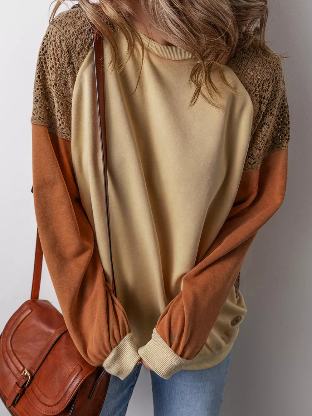 Lace Patchwork Colorblock Sweatshirt in Tan