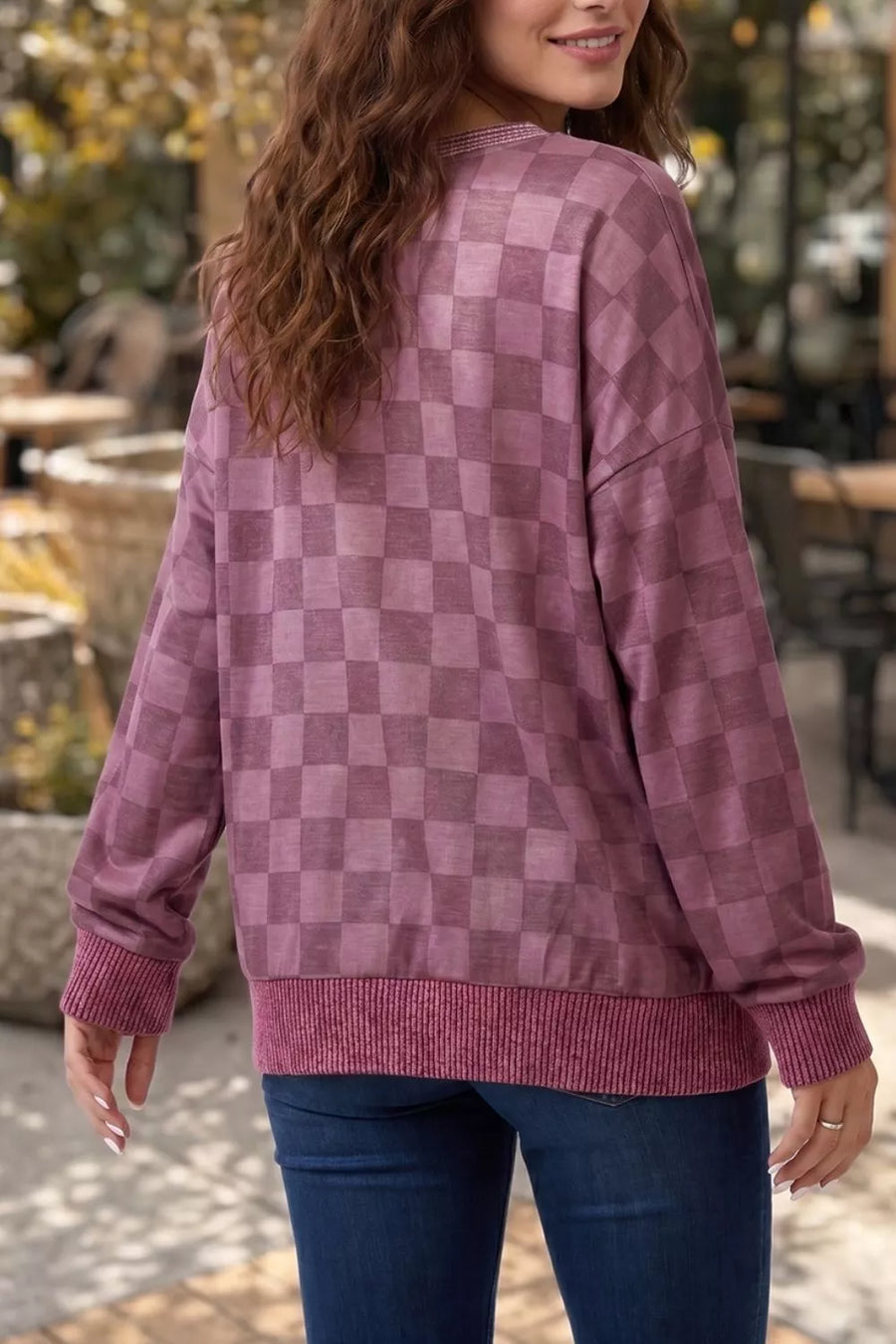 Ribbed Trim Checkered Pullover Shirt in this colorway