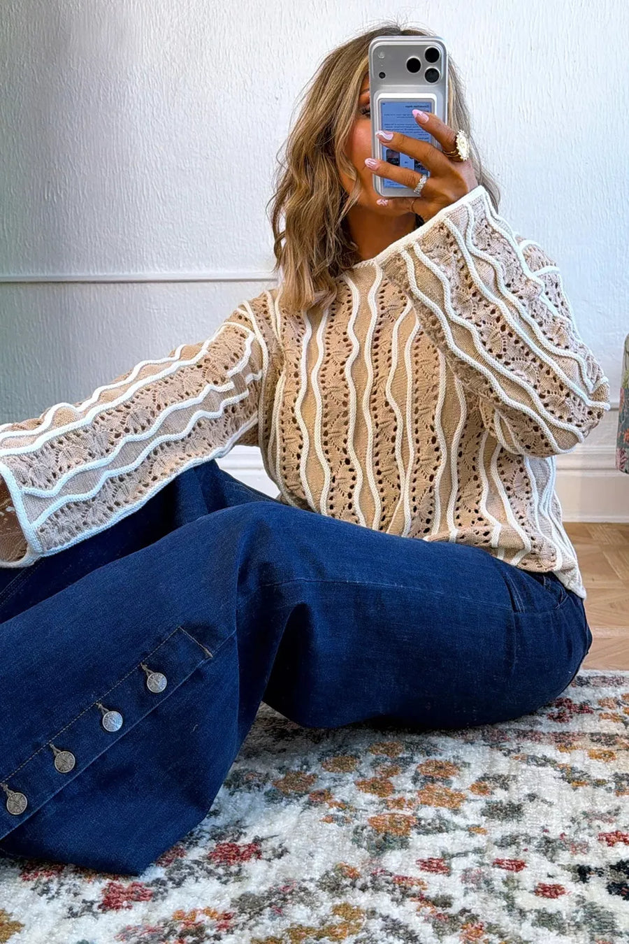 Contrast Wavy Striped Openwork Knit Top option 5