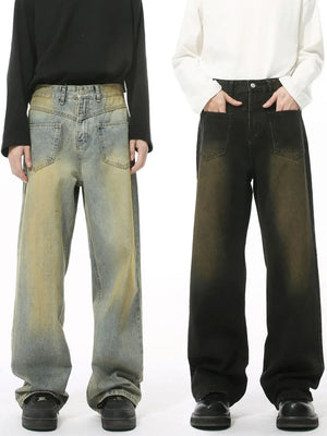Distressed denim jeans in dark and medium wash, wide leg, cotton, casual style.