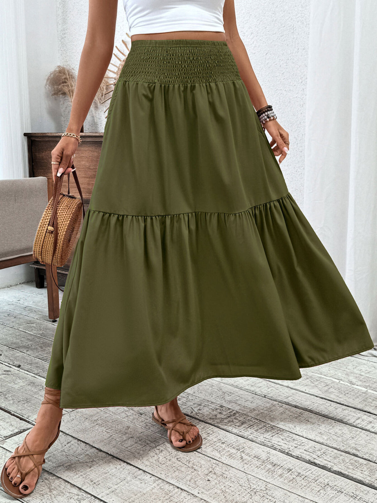Army green ruffled smocked waist maxi skirt with tiered hem