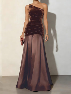 Brown velvet ruched one-shoulder maxi dress with satin skirt.