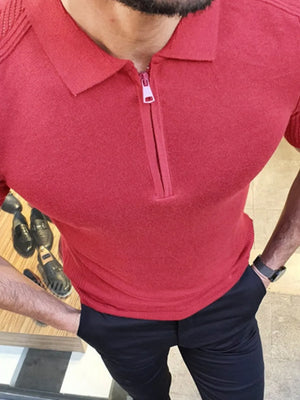 Textured knit polo shirt in strawberry with zip neck and short sleeves.