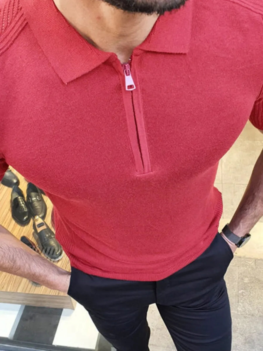 Textured knit polo shirt in strawberry with zip neck and short sleeves.