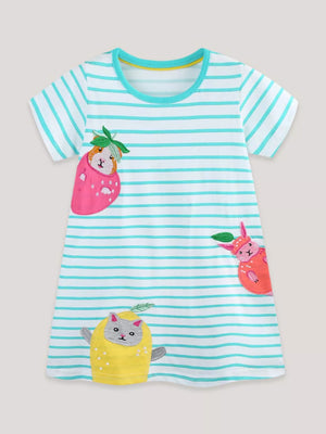 Baby dress with blue and white stripes, featuring animal appliques in strawberry and lemon costumes.