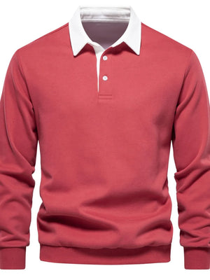 Strawberry long sleeve polo sweatshirt with white collar and two button placket