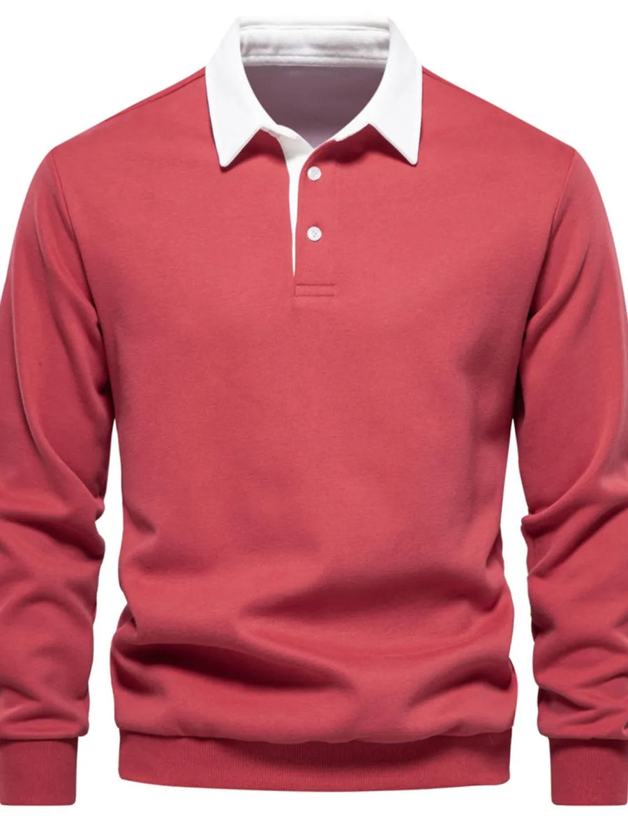Strawberry long sleeve polo sweatshirt with white collar and two button placket