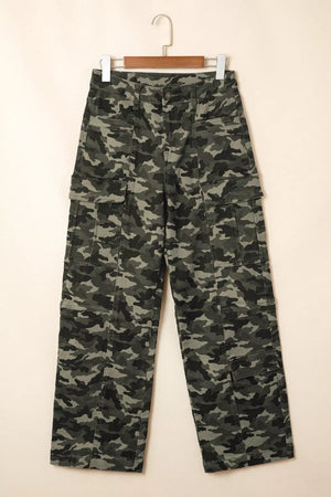 Women's camo cargo jeans in cotton with multiple utility pockets.