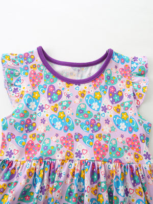 Baby girls' purple cotton dress with colorful heart and butterfly print, flutter sleeves.